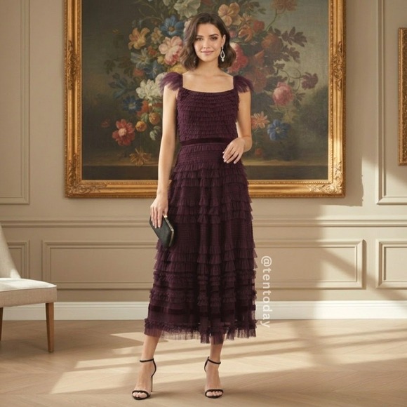 Mac Duggal Dresses & Skirts - Mac Duggal 8054 Size 10 Amethyst Ruffle Tulle Cap Sleeve Tiered Party Midi Dress
